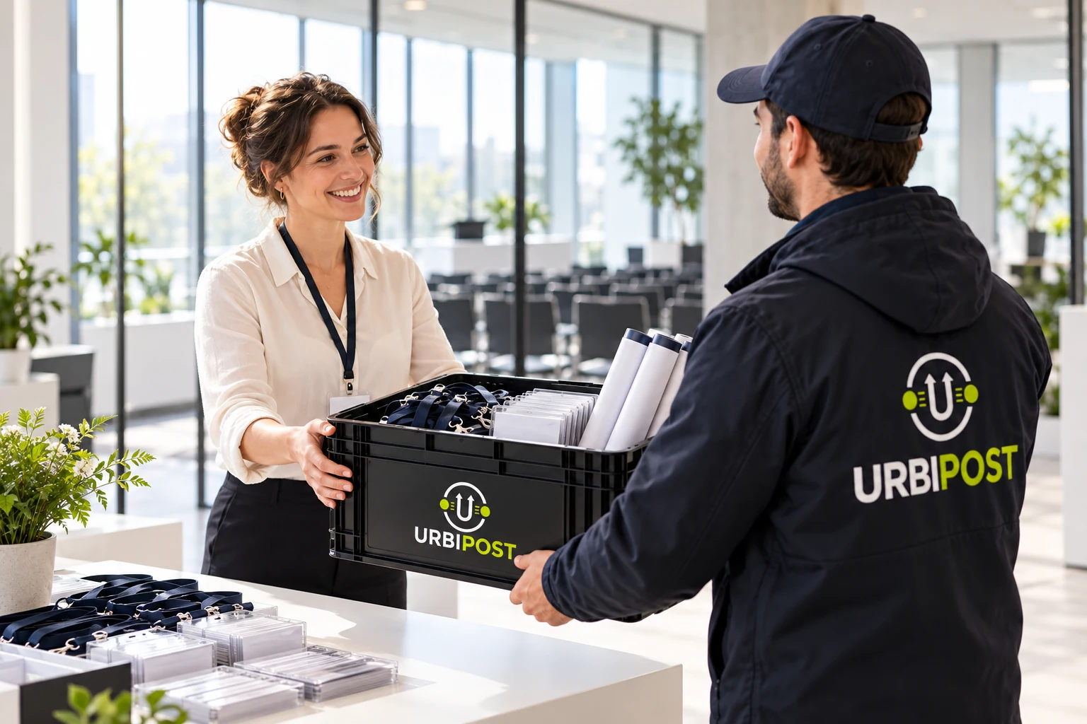 Levering van badges en presentatiemateriaal op een evenementlocatie