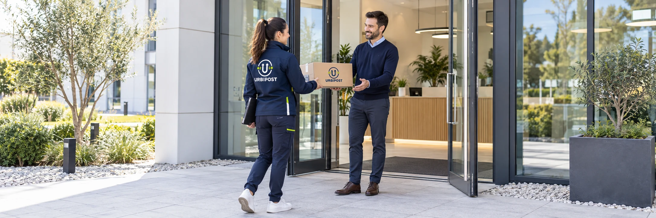 Een URBIPOST-medewerker levert een pakket aan de ingang van een kantoor