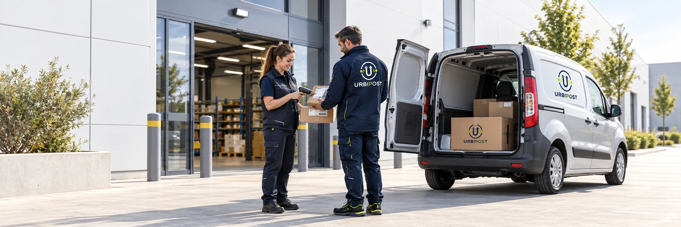 Een URBIPOST-medewerker geeft pakketten af bij een vervoerder