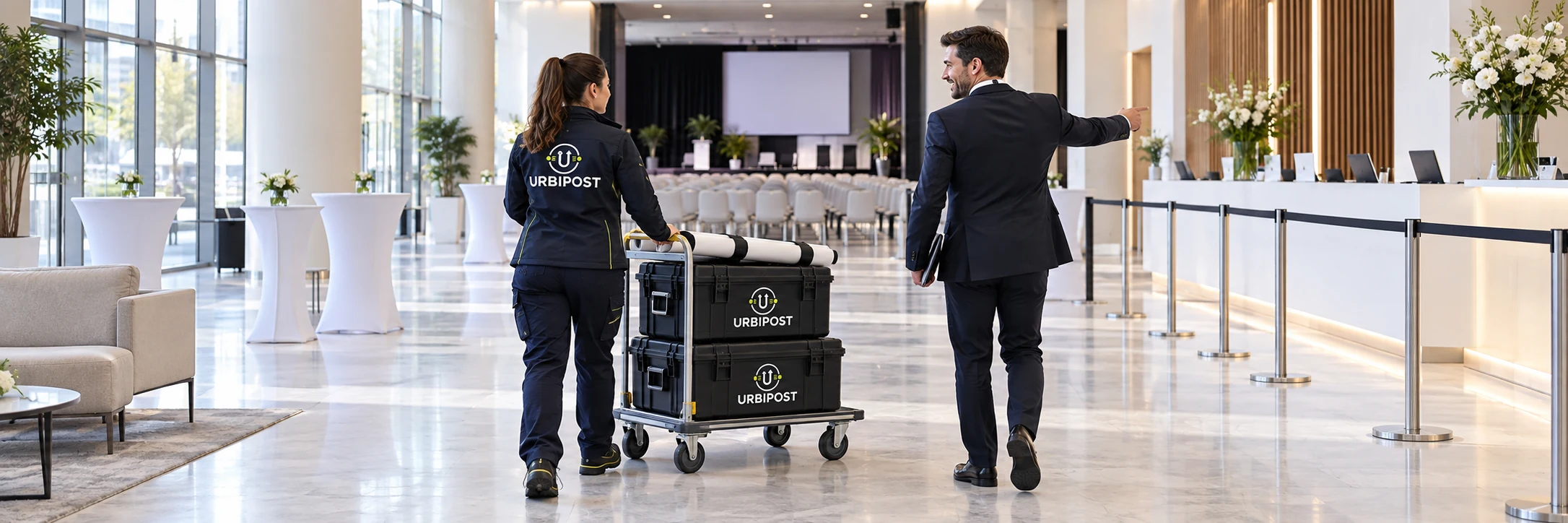 Een URBIPOST-medewerker brengt materiaal naar de hal van een congres